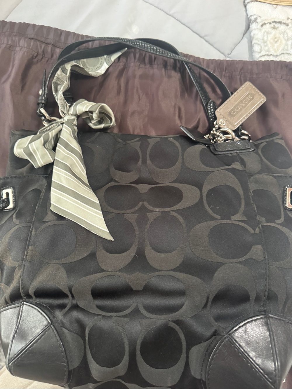 Coach Black Signature Canvas & Snake Effect Tote with Scarf Accent